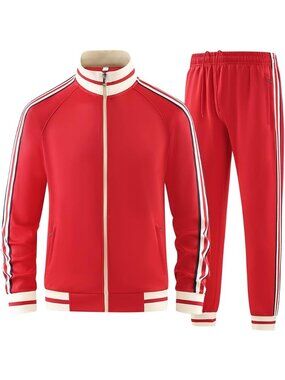 Men's 2 Piece Suit Red Slant Pocket Long Sleeve Full Zip Sweatsuit Jacket Pant